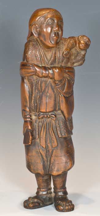 japanese wood okimono monkey trainer sarumawashi - CATEGORY: ANTIQUE SCULPTURES - DATED 19TH CENTURY