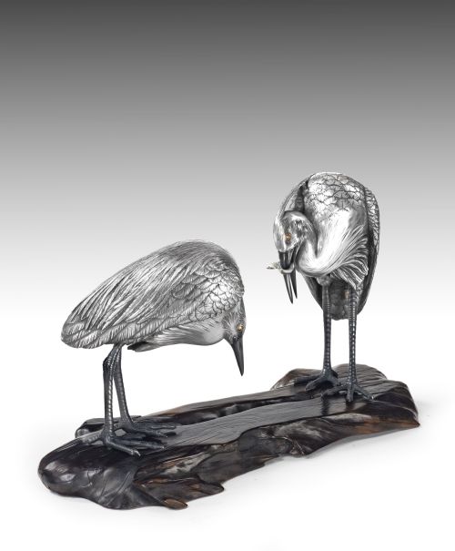 japanese silvered bronze egrets okimono by sano takachika - CATEGORY: ANTIQUE METAL - DATED 1890