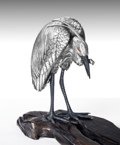 JAPANESE SILVERED BRONZE EGRETS OKIMONO BY SANO TAKACHIKA - ADDITIONAL PHOTO 3