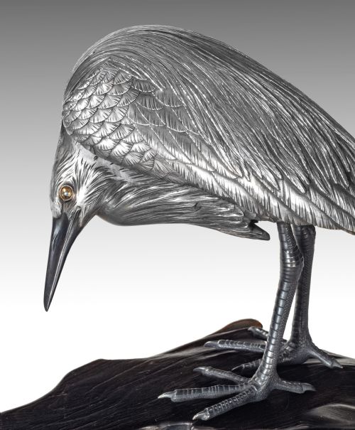 JAPANESE SILVERED BRONZE EGRETS OKIMONO BY SANO TAKACHIKA - ADDITIONAL PHOTO 4