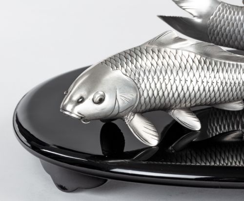 JAPANESE PURE SILVER CARP OKIMONO SIGNED TANSHO - ADDITIONAL PHOTO 2
