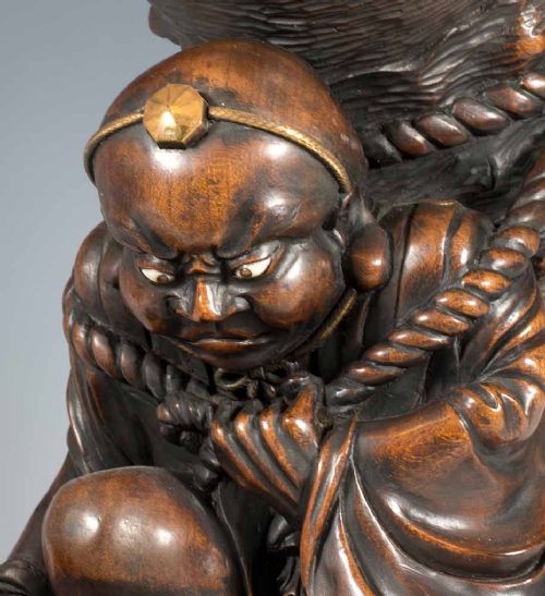 Large Japanese Wooden  Okimono Priest Carrying Huge Conch Shell View XII