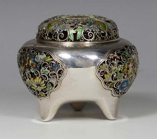 JAPANESE SILVER ENAMEL KORO INCENSE BURNER - ADDITIONAL PHOTO 2
