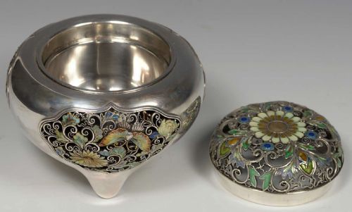 JAPANESE SILVER ENAMEL KORO INCENSE BURNER - ADDITIONAL PHOTO 7