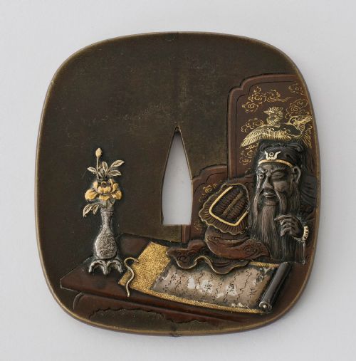 Japanese Bronze & Mixed Metal Tsuba- Seated Chinese Scholar