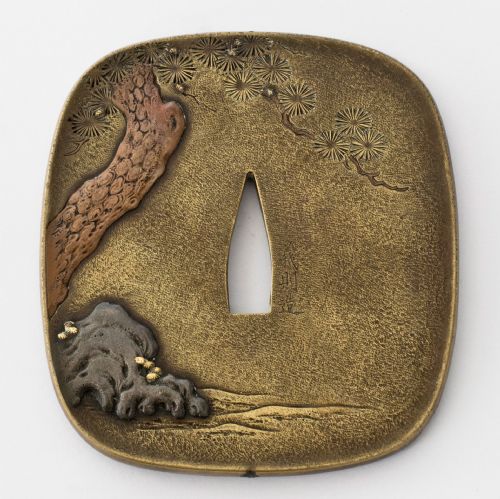 fig 1. Japanese Bronze & Mixed Metal Tsuba- Seated Chinese Scholar