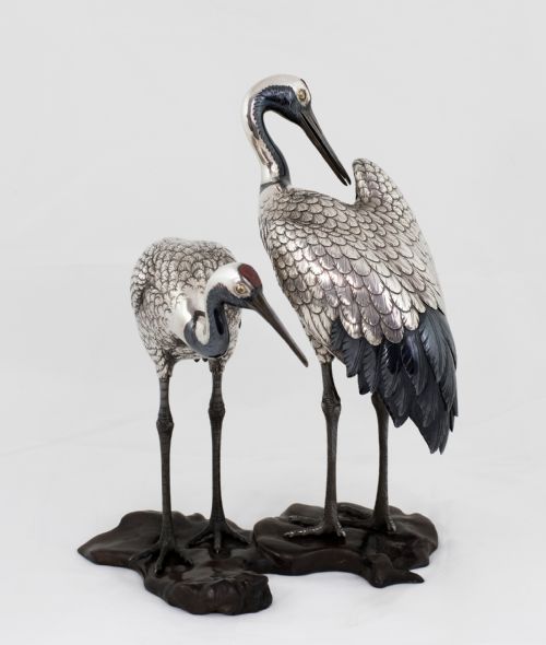 Japanese Silver & Mixed Metal Crane Okimono