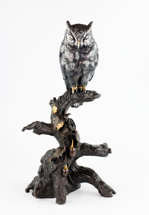 JAPANESE SILVERED BRONZE OWL OKIMONO BY MITANI - ADDITIONAL PHOTO 1