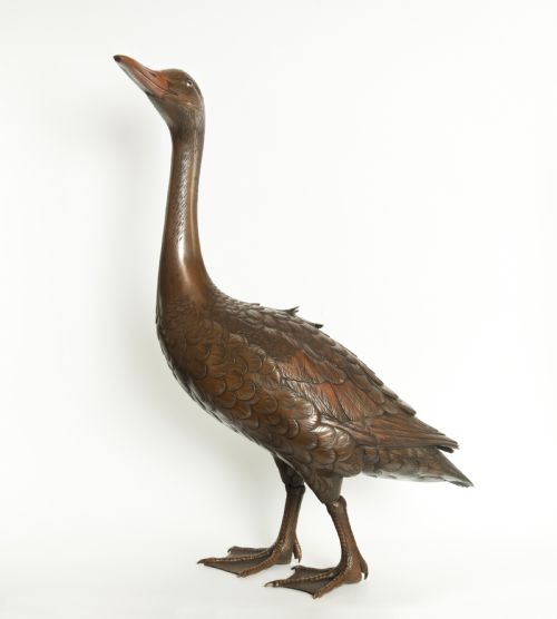 life size japanese bronze runner duck okimono artist signed - CATEGORY: ANTIQUE SCULPTURES - DATED 1900