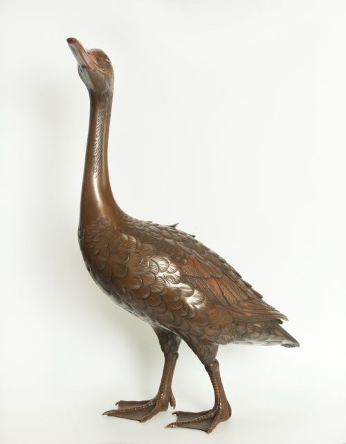 LIFE SIZE JAPANESE BRONZE RUNNER DUCK OKIMONO ARTIST SIGNED - ADDITIONAL PHOTO 1