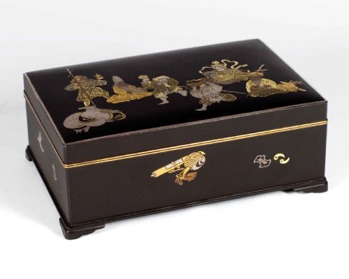 japanese komai style damascened iron box lucky gods - CATEGORY: ANTIQUE BOXES - DATED 1900