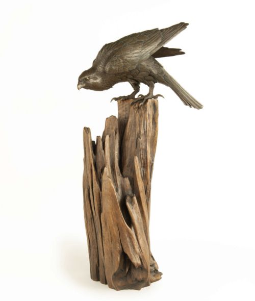 powerful japanese bronze hawk okimono by sano takachika - CATEGORY: ANTIQUE SCULPTURES - DATED 1890