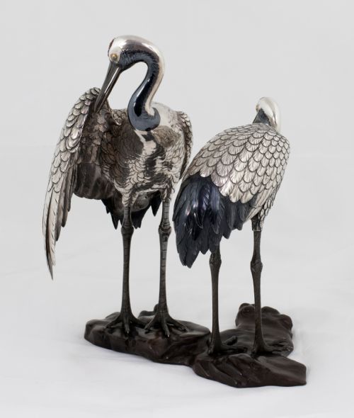 JAPANESE PURE SILVER AND MIXED METAL CRANES OKIMONO - ADDITIONAL PHOTO 5