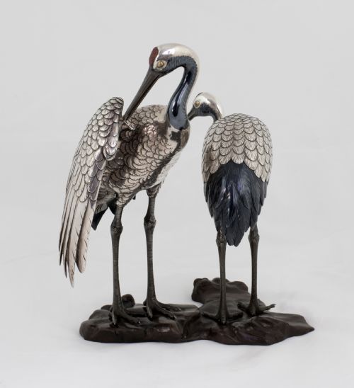 JAPANESE PURE SILVER AND MIXED METAL CRANES OKIMONO - ADDITIONAL PHOTO 7