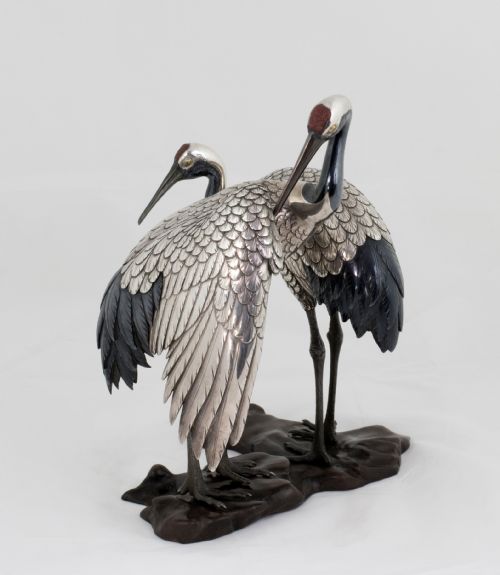 JAPANESE PURE SILVER AND MIXED METAL CRANES OKIMONO - ADDITIONAL PHOTO 9