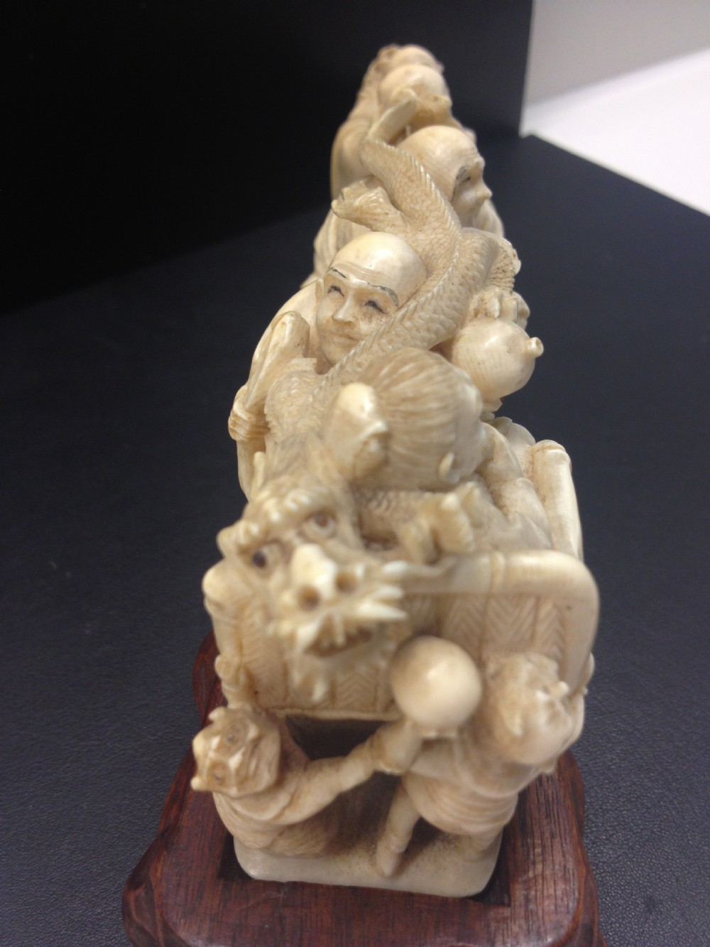 JAPANESE IVORY TUSK OKIMONO ON HARDWOOD STAND SIGNED View VIII