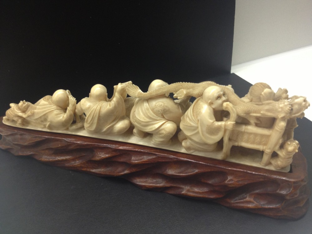 JAPANESE IVORY TUSK OKIMONO ON HARDWOOD STAND SIGNED View IX