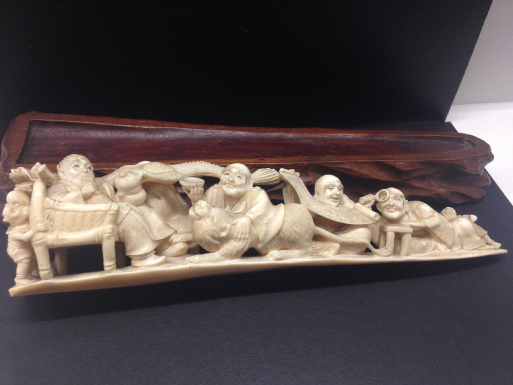 JAPANESE IVORY TUSK OKIMONO ON HARDWOOD STAND SIGNED View XI