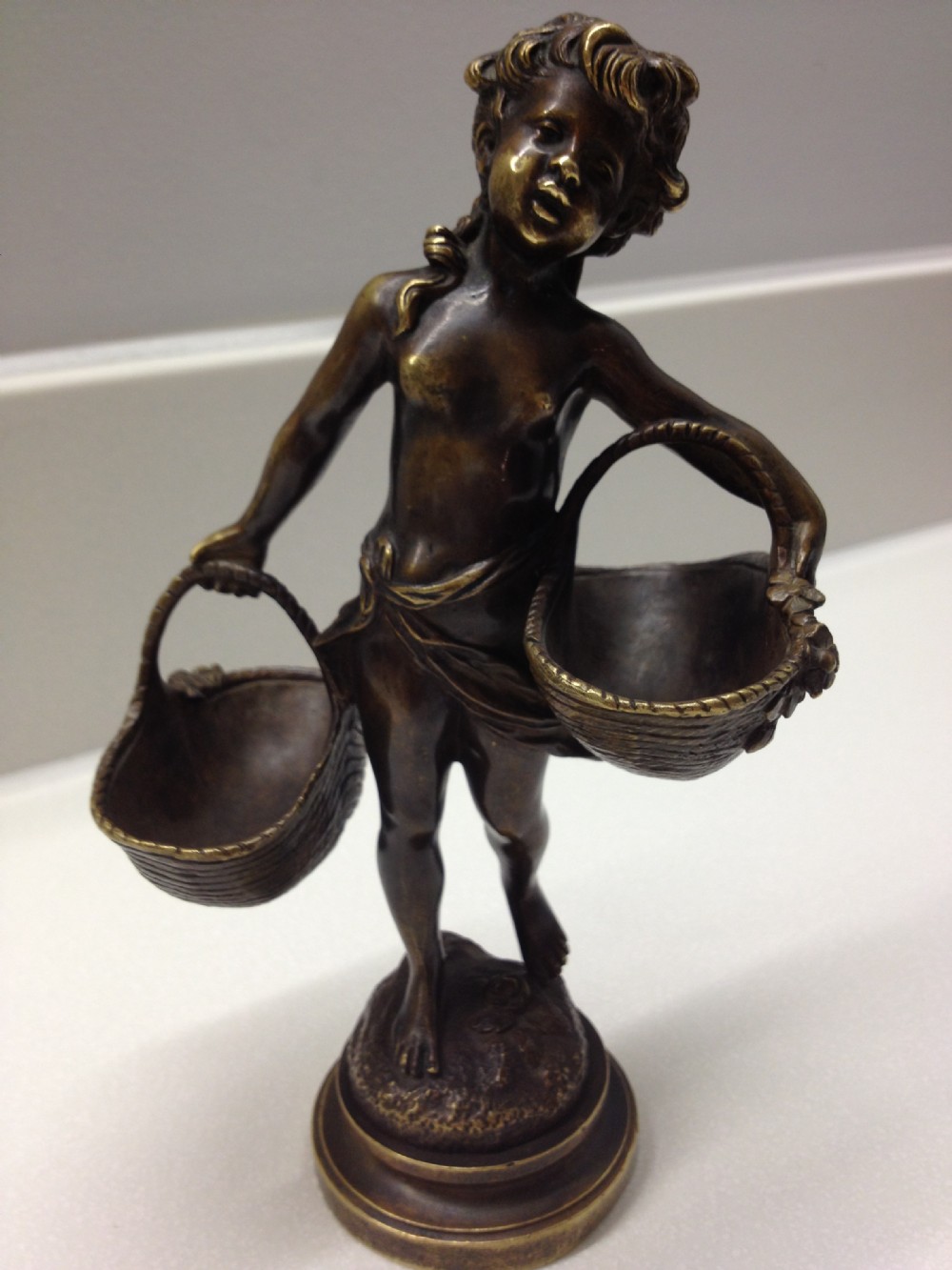 SCANTILY CLAD BRONZE MAIDEN CARRYING BASKETS AUGUSTUS MOREAU 1855-1919
