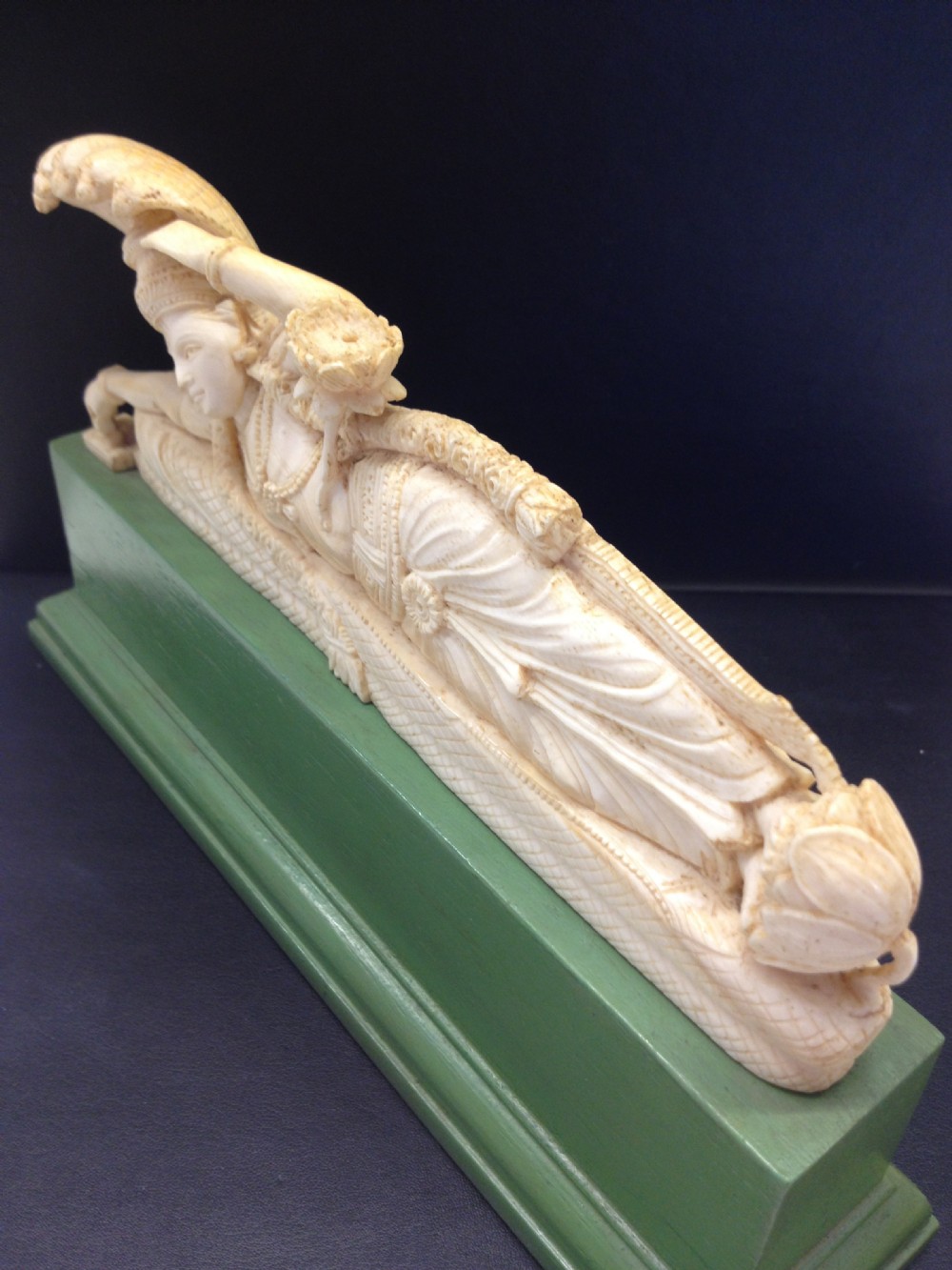FINE QUALITY INDIAN IVORY RECLINING GODDESS ON STAND View VII