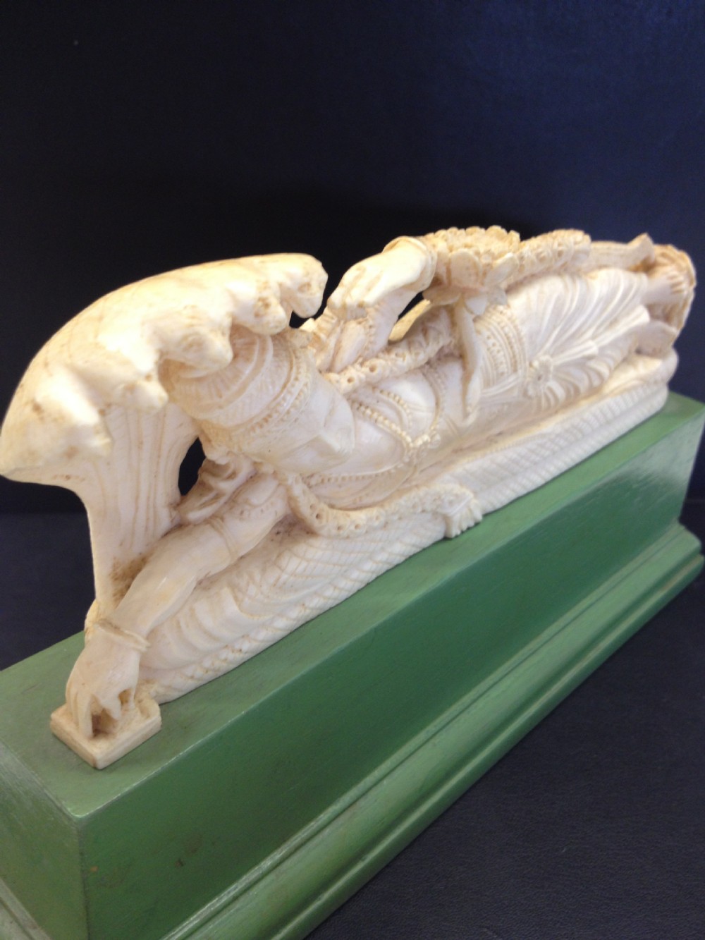 FINE QUALITY INDIAN IVORY RECLINING GODDESS ON STAND View VIII