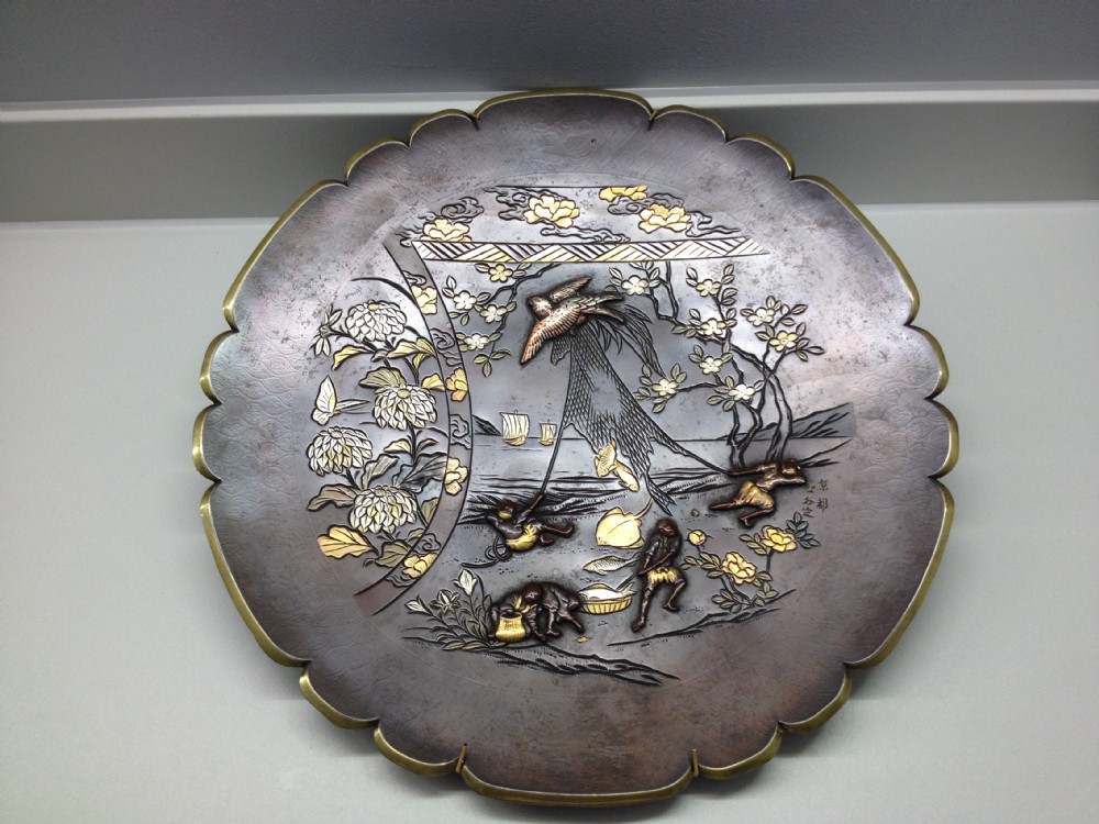 HUGE JAPANESE BRONZE & ONLAID MIXED METAL CHARGER MEIJI PERIOD