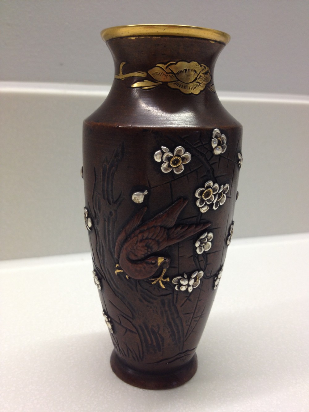 JAPANESE BRONZE AND OVERLAID MIXED METAL VASE MEIJI