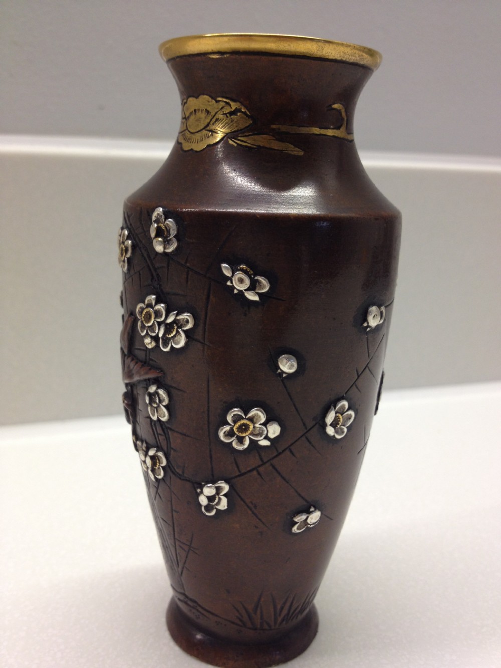 JAPANESE BRONZE AND OVERLAID MIXED METAL VASE MEIJI View II