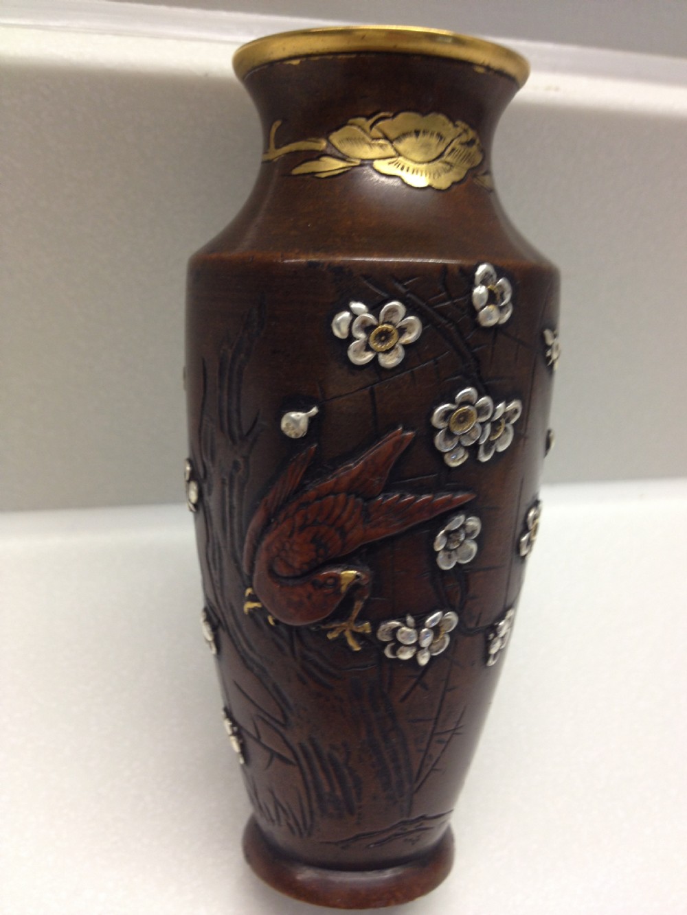 JAPANESE BRONZE AND OVERLAID MIXED METAL VASE MEIJI View VI