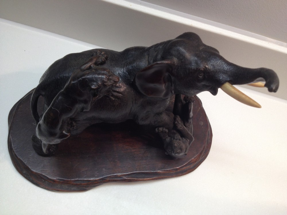 SUPER QUALITY JAPANESE BRONZE ELEPHANT TIGER GROUP MEIJI PERIOD 1868-1912 View II