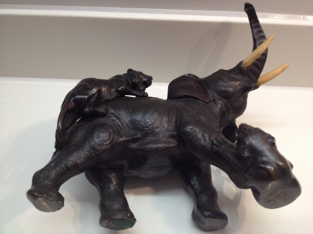 SUPER QUALITY JAPANESE BRONZE ELEPHANT TIGER GROUP MEIJI PERIOD 1868-1912 View VII