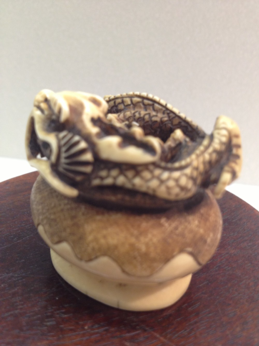 JAPANESE IVORY NETSUKE DRAGON RISING FROM CENSOR MEIJI PERIOD View IV