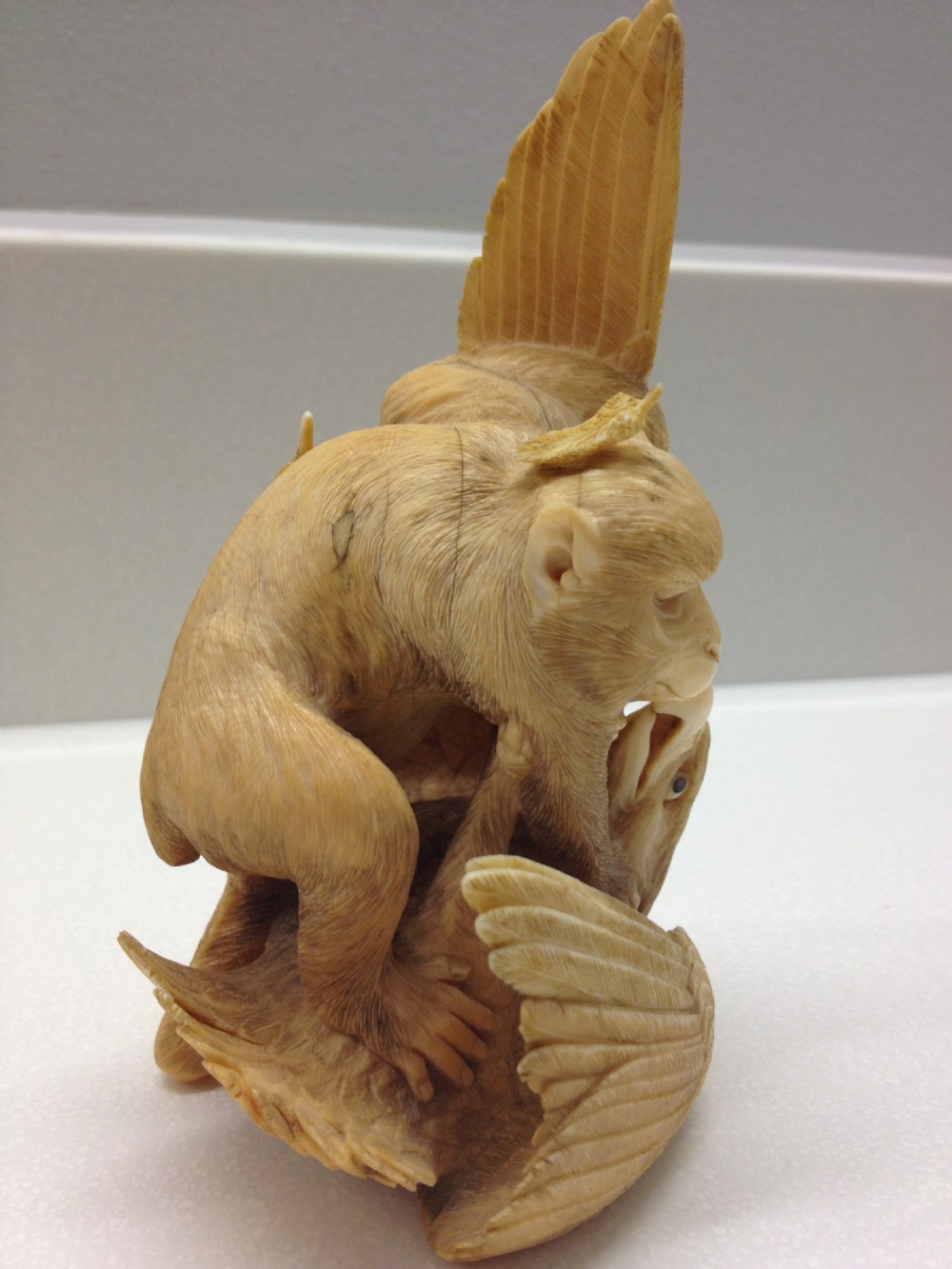MAGNIFICENT QUALITY JAPANESE IVORY OKIMONO MONKEY AND EAGLE View II