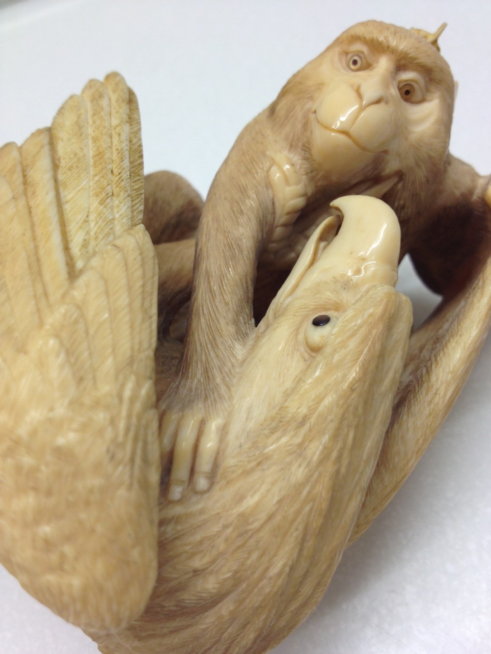 MAGNIFICENT QUALITY JAPANESE IVORY OKIMONO MONKEY AND EAGLE View XI