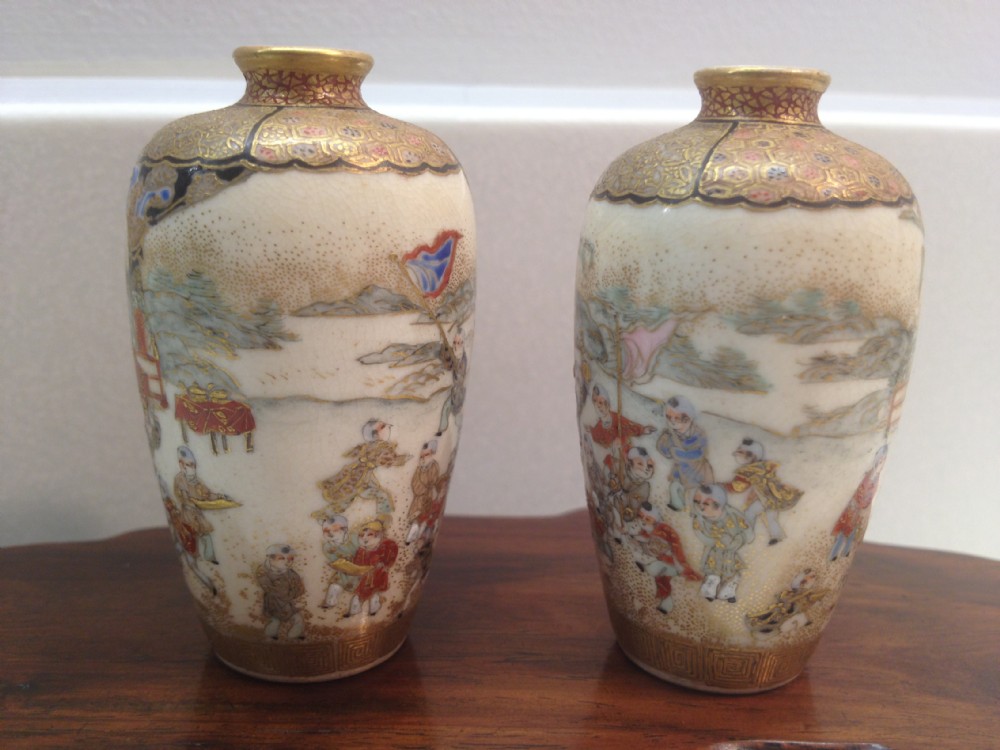 FANTASTIC QUALITY PAIR OF MINIATURE JAPANESE SATSUMA VASES (YABU MEIZAN STYLE) View IV