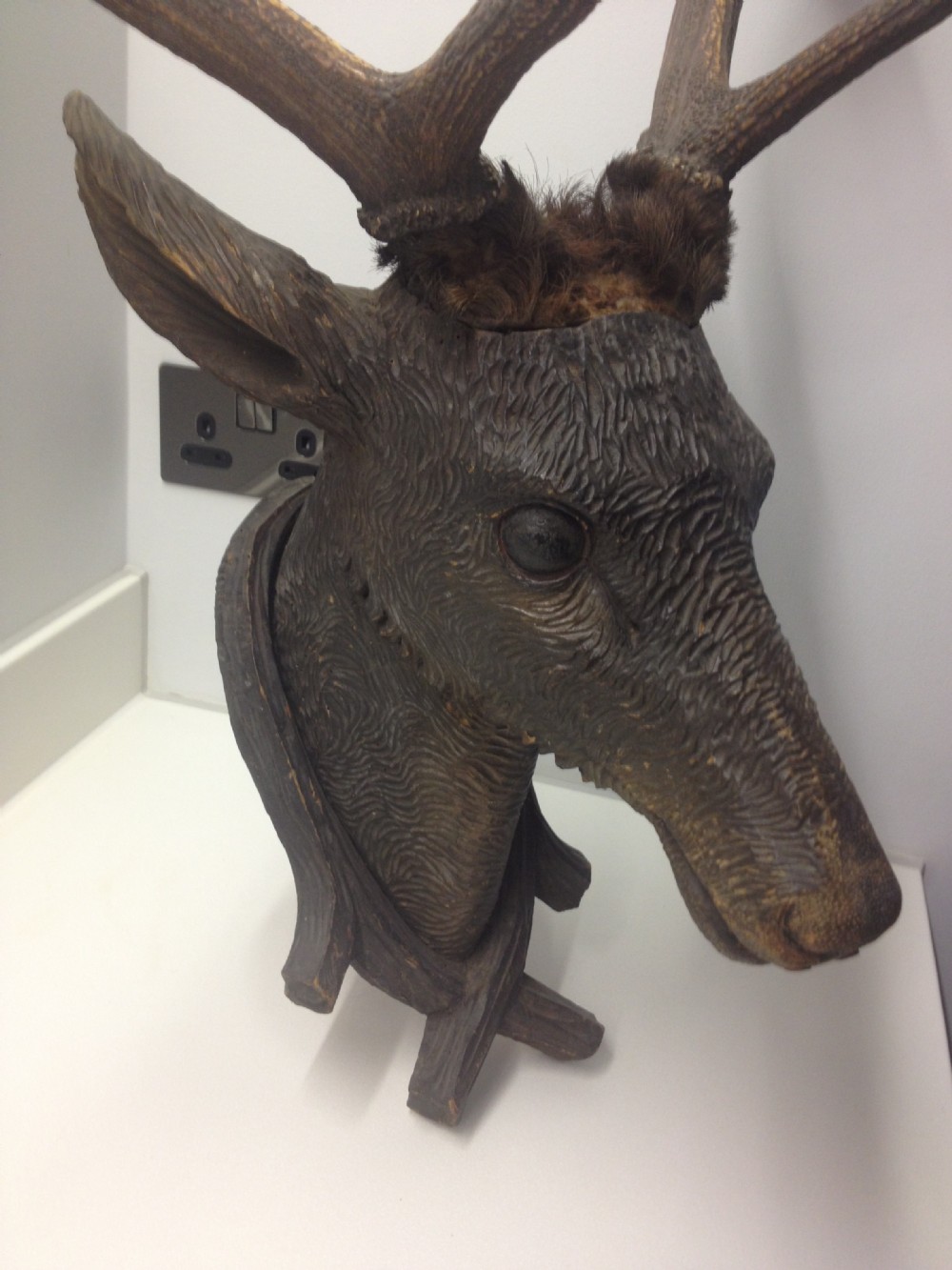 VICTORIAN CARVED BLACK FOREST DEERS HEAD WITH REAL ANTLERS View III