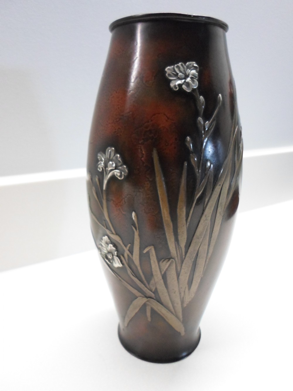 RARE COLOUR JAPANESE BRONZE SILVER ONLAID IRIS VASE