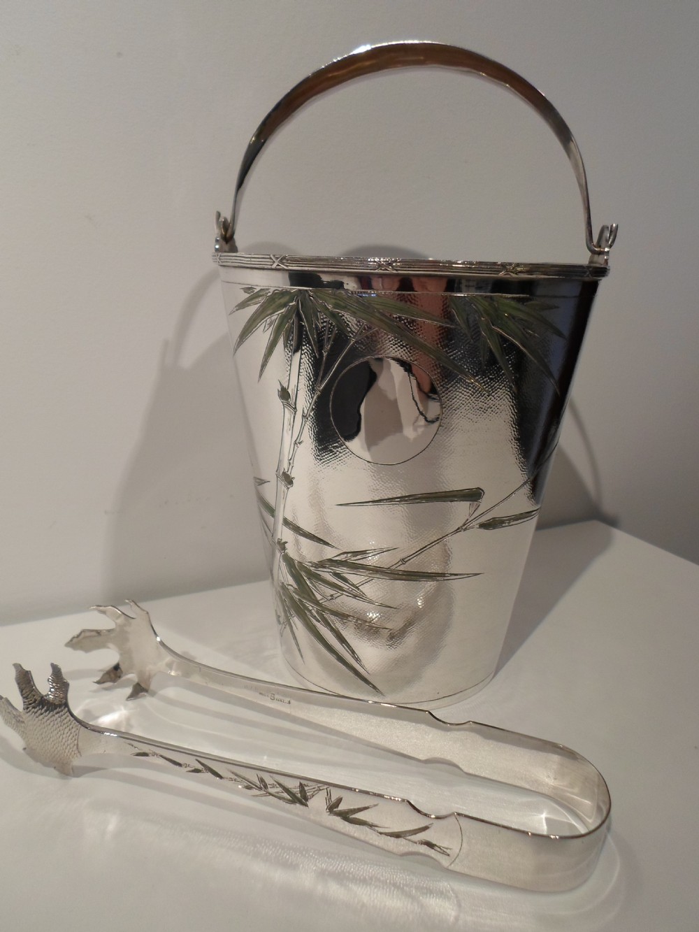  CHINESE SILVER & ENAMEL ICE BUCKET AND TONGS