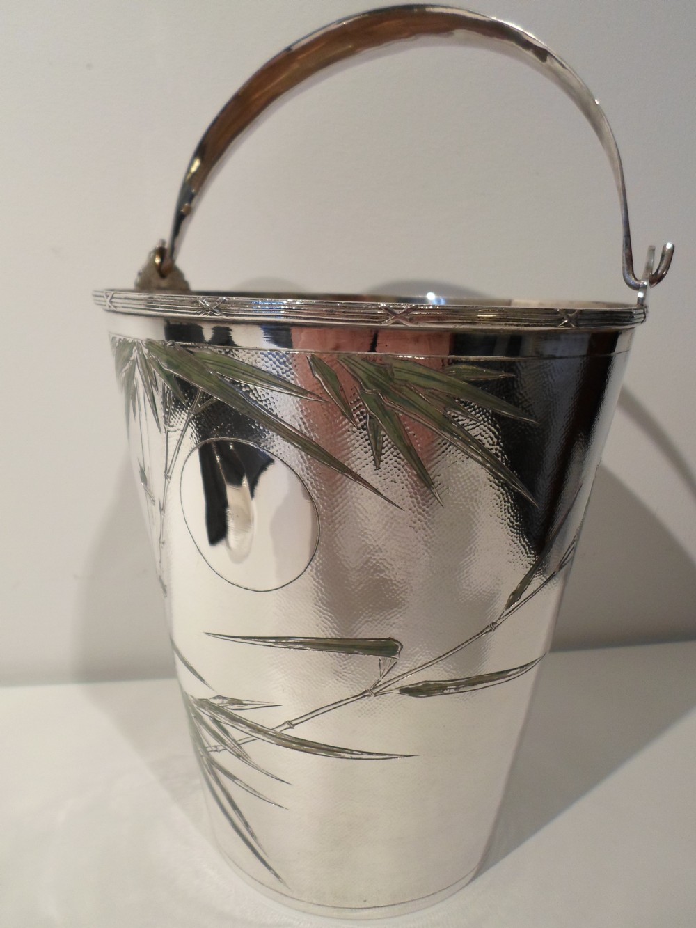  CHINESE SILVER & ENAMEL ICE BUCKET AND TONGS View II