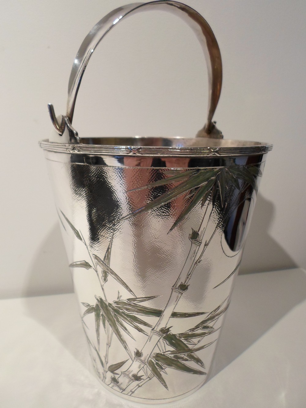  CHINESE SILVER & ENAMEL ICE BUCKET AND TONGS View V