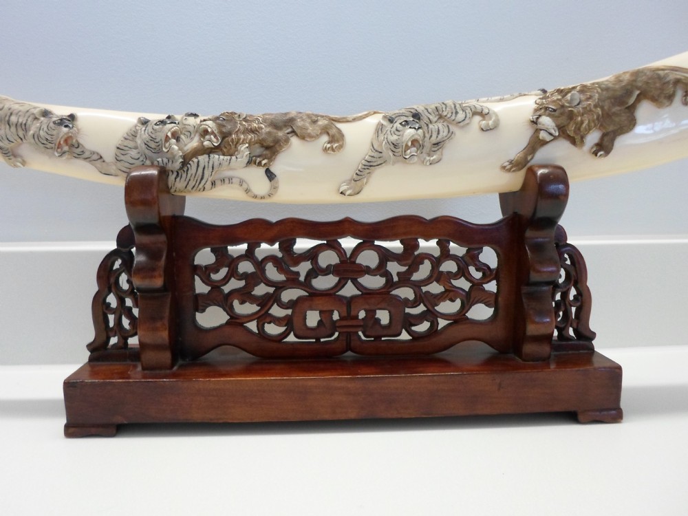 LARGE JAPANESE CARVED IVORY TUSK ON STAND , LIONS,TIGERS,MONKEY. View II