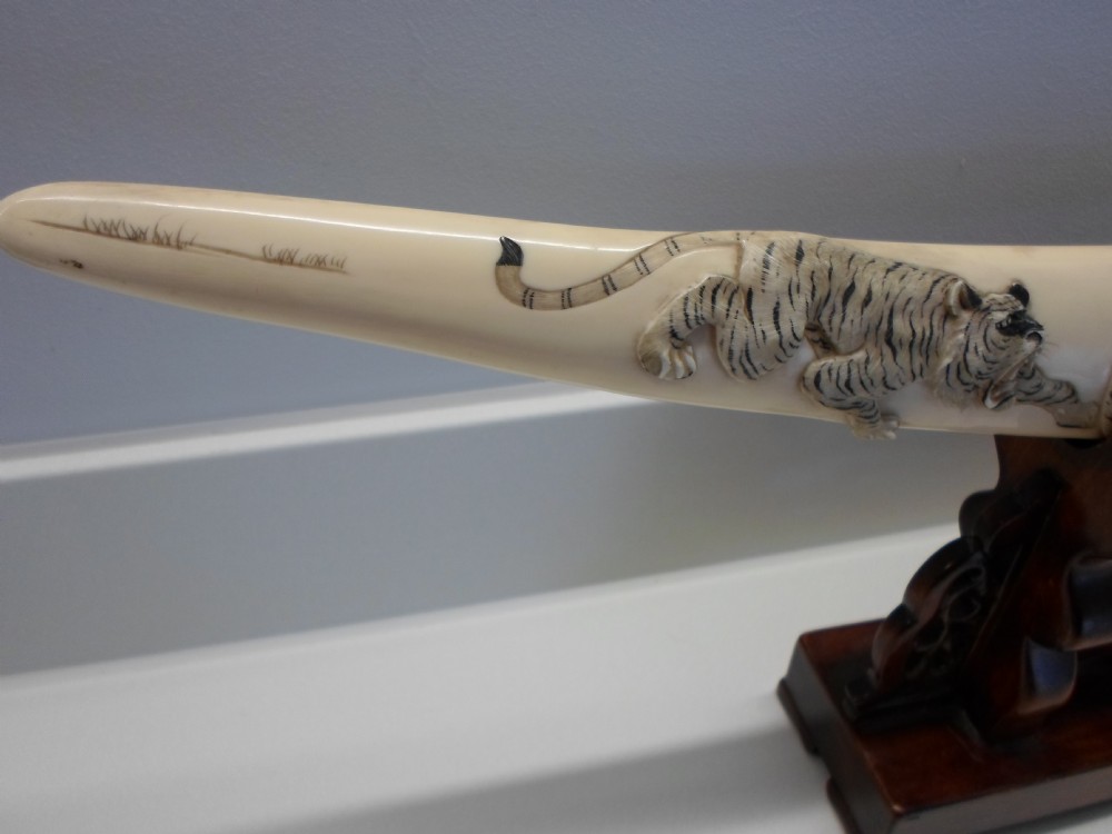 LARGE JAPANESE CARVED IVORY TUSK ON STAND , LIONS,TIGERS,MONKEY. View VIII