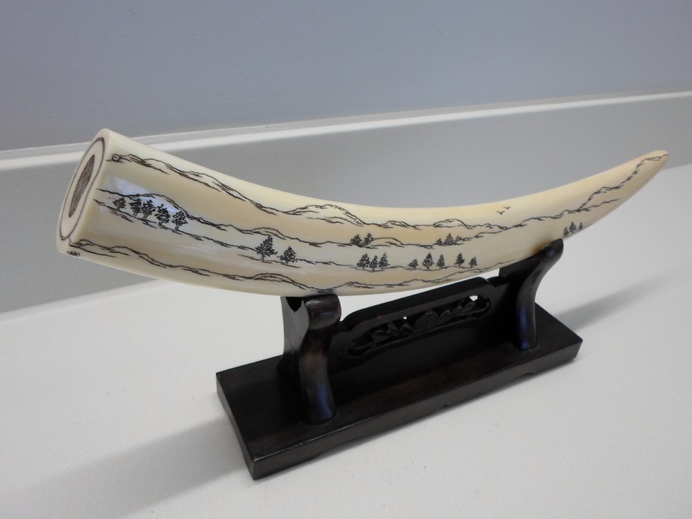 JAPANESE IVORY TUSK ON STAND LIONS AND ZEBRA View III