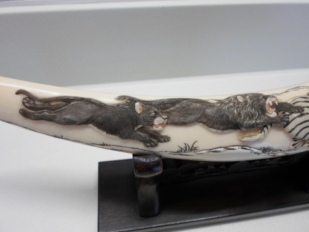 JAPANESE IVORY TUSK ON STAND LIONS AND ZEBRA View IV