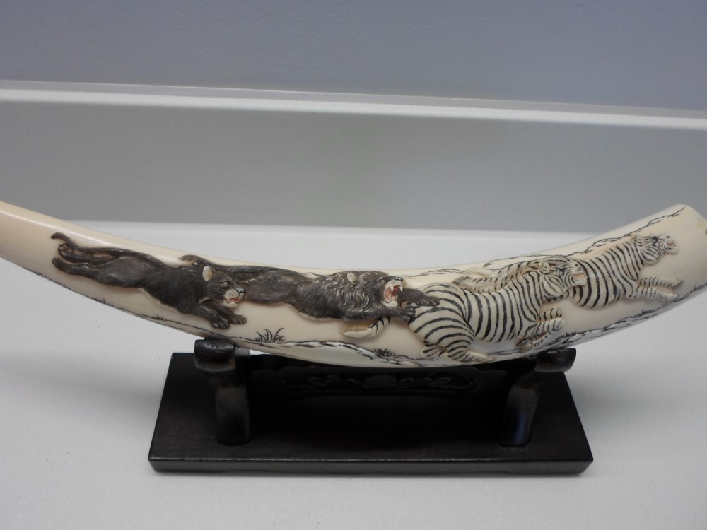 JAPANESE IVORY TUSK ON STAND LIONS AND ZEBRA View VI