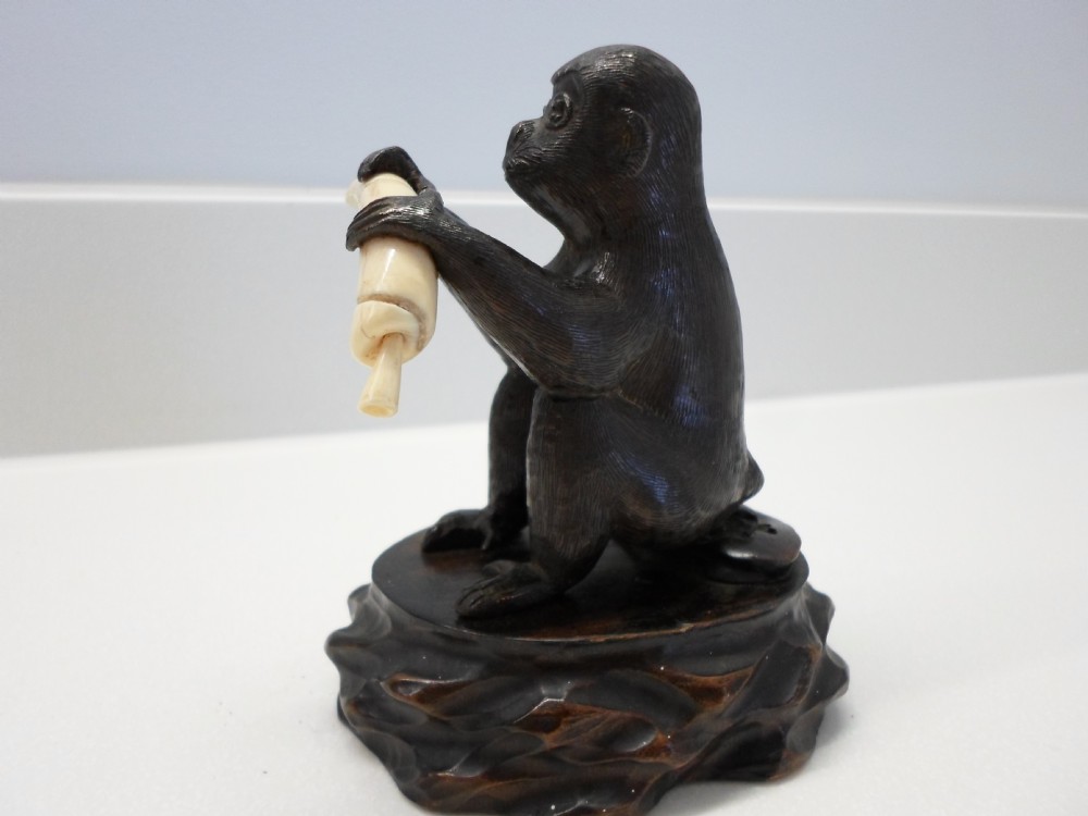 HUMEROUS JAPANESE BRONZE AND IVORY MONKEY OKIMONO View III