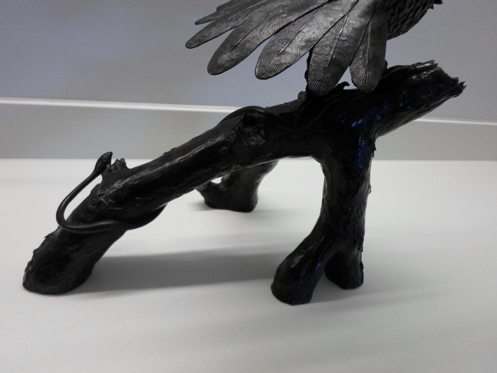 LARGE HEAVY JAPANESE BRONZE EAGLE ON BRANCH MEIJI PERIOD View VIII