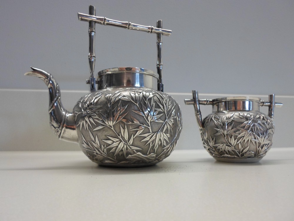 FINEST QUALITY CHINESE SILVER TEA KETTLE AND SUCRIER WANG HING