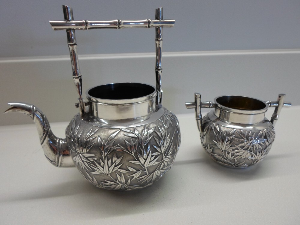 FINEST QUALITY CHINESE SILVER TEA KETTLE AND SUCRIER WANG HING View II