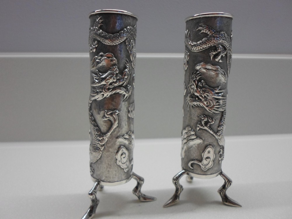 GREAT PAIR OF CHINESE SILVER SPILL VASES BY WANG HING